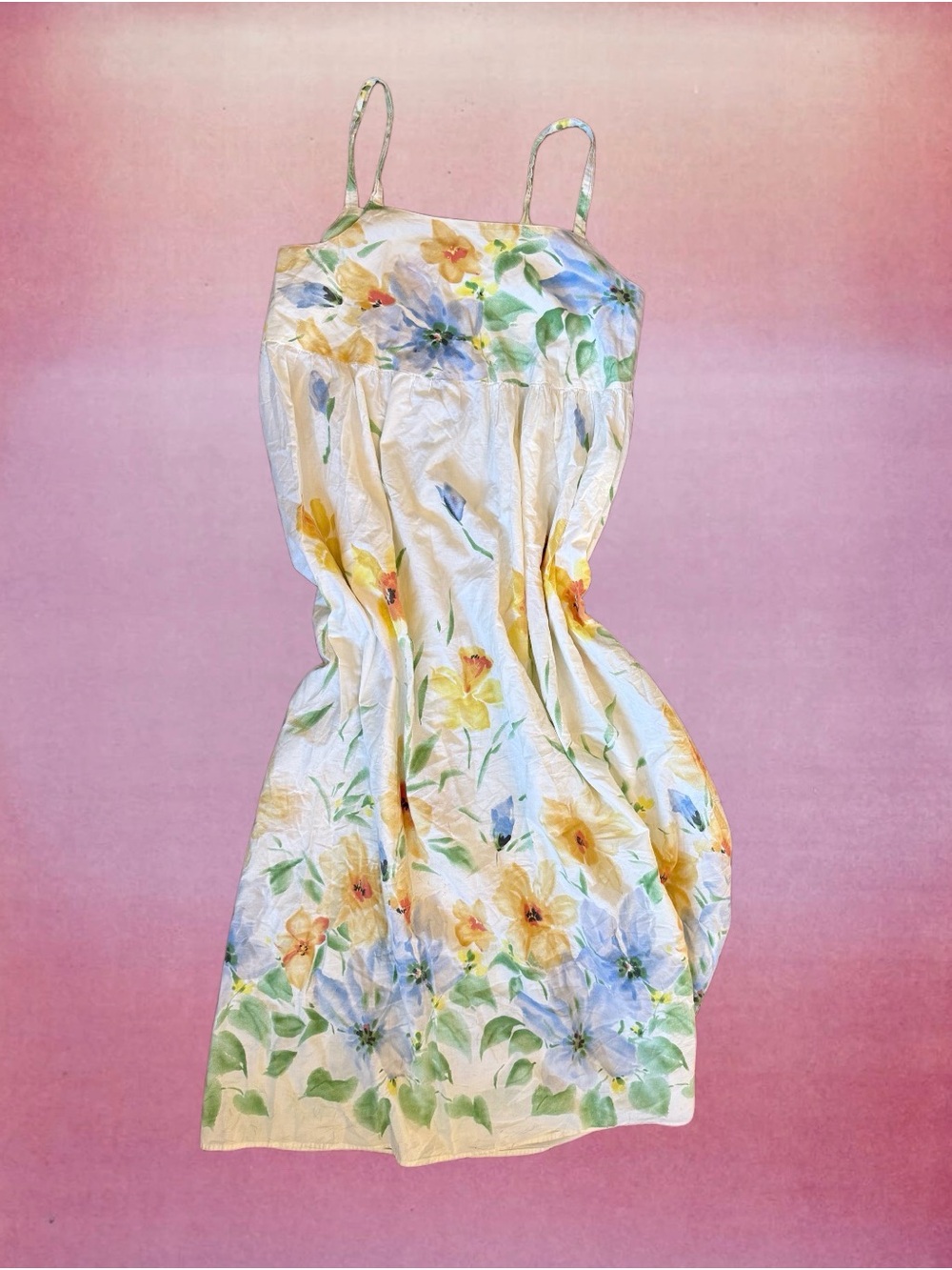 Floral Spaghetti Strap Sundress - Yellow & Blue Flowers on Cream